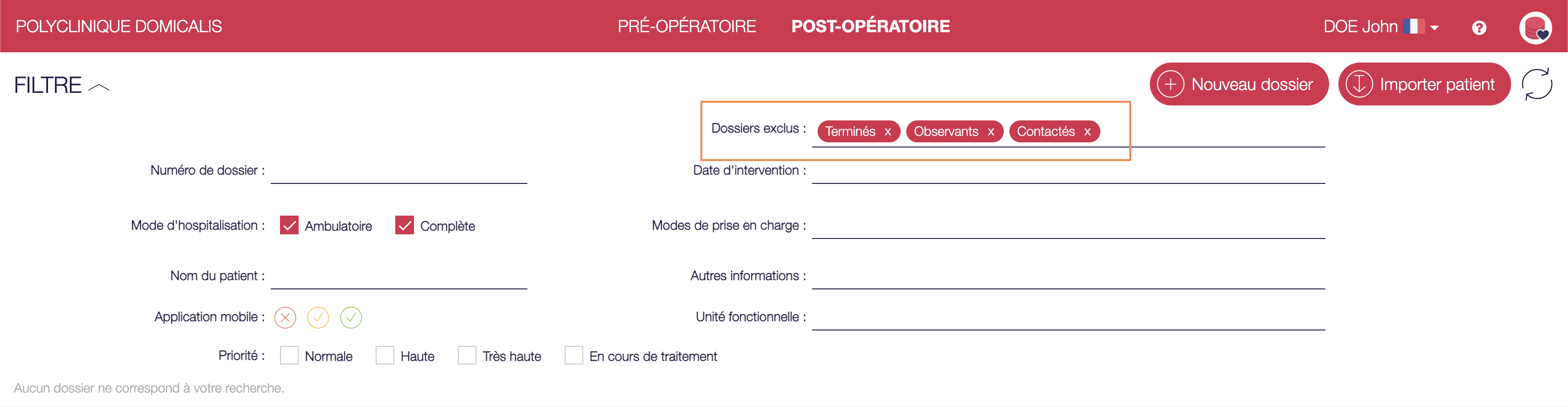 Liste des filtres disponibles sur la liste des patients en postopératoire